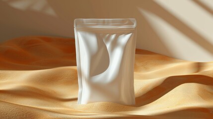 Canvas Print - Empty pouch mock up, packet, placed on a orange desert sand surface round white light in the background  