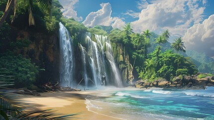 Wall Mural - A beach with waterfalls falling directly image