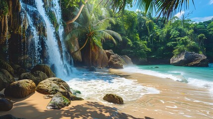 Wall Mural - A beach with waterfalls falling directly img