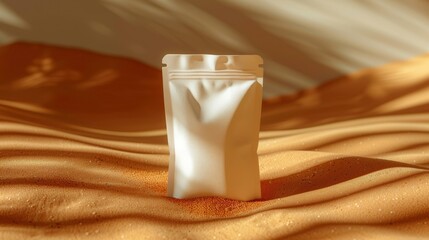 Canvas Print - Empty pouch mock up, packet, placed on a orange desert sand surface round white light in the background  