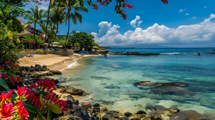 Sticker - A beach with coral reefs and colorful fish img