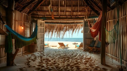 Poster - A beach hut with a thatched roof