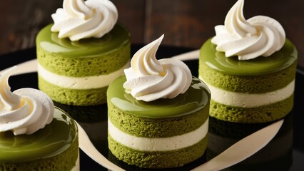 Poster - A close up of a plate with three green cakes on it, AI