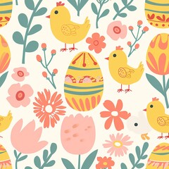 Poster - A seamless pattern showcasing decorated Easter eggs, cute chicks, and blooming flowers in bright pastel colors