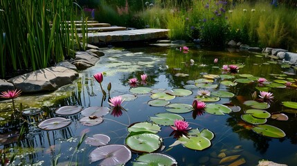 Sticker - A pond with water lilies and water lilies picture