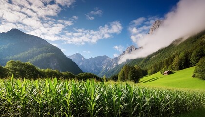 corn field and green meadow against a clear blue sky with clouds austrian alps tyrol state austria europe