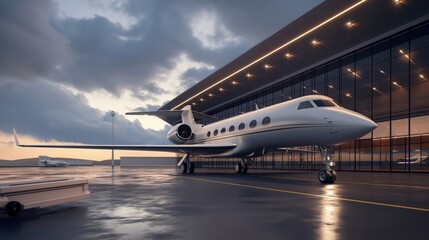 Wall Mural - Private jet parked at a modern airport terminal during twilight, with a cloudy sky. The scene features a sleek aircraft, runway lighting, and glass-walled building.