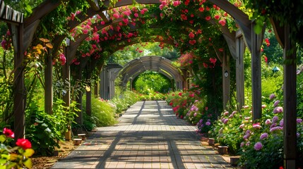 Canvas Print - A garden with arches with wooden and metal