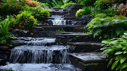 Wall Mural - A waterfall garden with cascading water falling