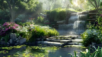 Wall Mural - A garden with a waterfall with a cascade img