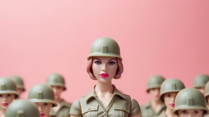 Female toy soldier among others, pink background