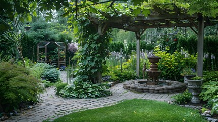 Wall Mural - Garden with pergolas and climbing plants creating shade picture