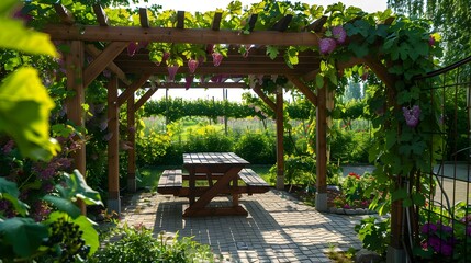 Wall Mural - Garden with pergola with ornamental plants climbing along image