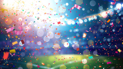 Colorful confetti and ribbons in a stadium with bright blurred lights and a green field, indicating a festive celebration or event.