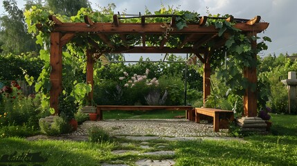 Wall Mural - Garden with pergola with ornamental plants climbing along