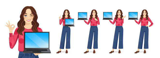 Young beautiful woman with curly hair showing blank screen laptop computer standing different posing isolated vector illustration