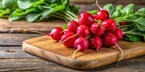 Sticker - Fresh farm organic garden red radish on wooden cutting board close up, radish, fresh, organic, farm, garden, red