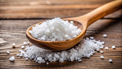 Wall Mural - A close-up photo of sea salt crystals on a wooden spoon , seasoning, sea, salt, crystals, texture, white, culinary