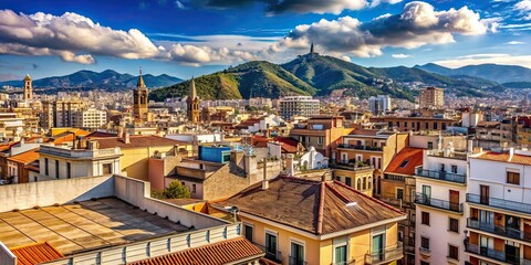 Poster - Rooftops in Barcelona overlooking the mountains of Spain, Barcelona, rooftops, buildings, houses, mountains, Spain