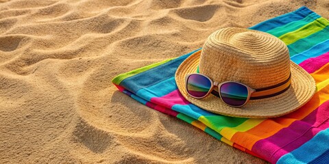 Poster - Colorful beach towel with straw hat and sunglasses on sand , tropical, vacation, relaxation, travel, summer, beach