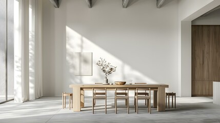 Wall Mural - A minimalist dining room featuring a simple wooden img