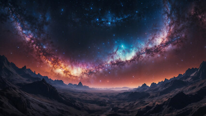 Breathtaking view of the milky way galaxy illuminating the night sky, vast starry expanse over rugged mountain landscape, stunning cosmic scene with colorful celestial arch, space and astronomy