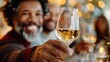 © Pinklife - A man raises a glass of white wine in toast, smiling warmly during a celebration, capturing the essence of social gatherings, cheer, and shared joyous moments with friends.