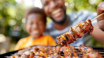 A person grilling meat skewers with a child in the background, enjoying a sunny day in an outdoor setting, with focus on the cooked skewers and hands holding them.