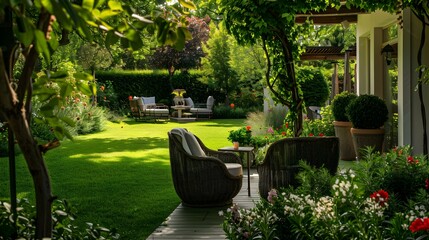 Wall Mural - Terrace with a green roof and chairs img