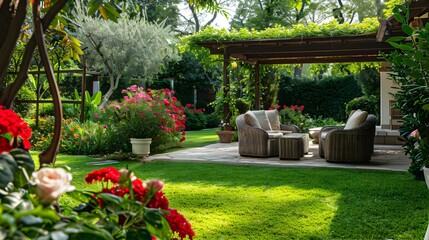 Wall Mural - Terrace with a green roof and chairs picture