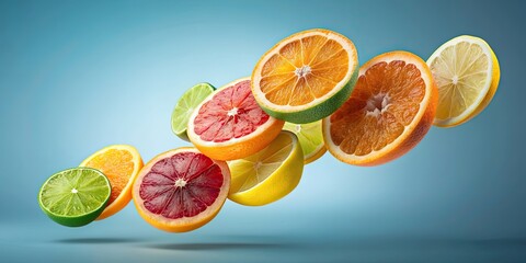 Poster - Juicy fruit slices floating in the air against a plain background, fruit, slices, suspended, mid-air, vibrant, colorful, juicy, fresh