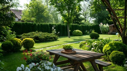 Canvas Print - Terrace with picnic area and wooden table