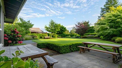 Wall Mural - Terrace with picnic area and wooden table image