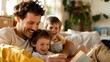 © Pinklife - A father and his two sons sit together on a couch, enjoying a book and sharing smiles and laughter, capturing a moment of joy, bonding, and happiness in a cozy living room setting.