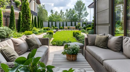 Wall Mural - Terrace with a mini-garden and comfortable sofas decorated