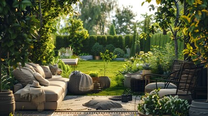 Wall Mural - Terrace with a mini-garden and comfortable sofas decorated image