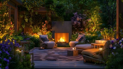 Wall Mural - Terrace with outdoor fireplace and soft armchairs img