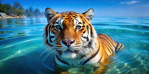 Wall Mural - majestic tiger swimming in clear blue water, tiger, water, wildlife, predator, nature, wild, animal,