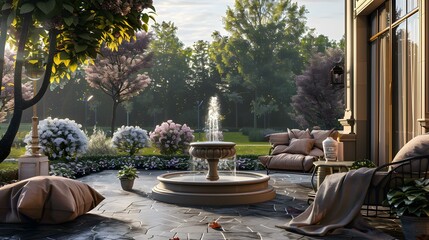 Wall Mural - Terrace with a fountain and soft chairs decorated