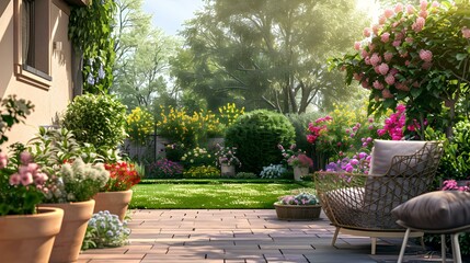 Wall Mural - Terrace with flower pots and soft chairs img