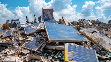 A pile of expired solar panels at a recycling facility, with workers sorting and processing the materials