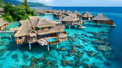 Canvas Print - Tropical island with overwater bungalows by coral img