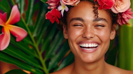 Wall Mural - A woman with a flower headdress is smiling and looking at the camera. The image has a tropical and exotic feel to it, with the woman surrounded by green leaves and flowers. Scene is happy and carefree