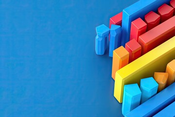 Poster - Colorful abstract 3D geometric shapes arranged on a flat blue surface, offering artistic and vibrant visuals for various design projects.