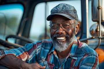 Truck driver African American man, sitting in the cabin of a lorry, involved in freight transport.