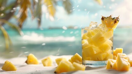 Canvas Print - Fresh pineapple in a glass with ice cubes picture