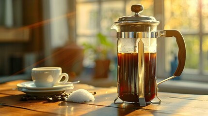 Wall Mural - French press with brewed coffee standing picture