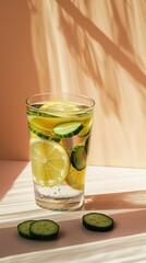 minimalist photo of crystal clear water with cucumbers and lemon on white table