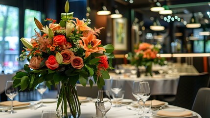 Poster - Floral arrangements in a restaurant with roses lilies image