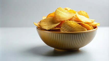 Poster - Side view of a snack bowl of potato chips party food, crispy nibbles isolated on background, potato chips, snack, party food